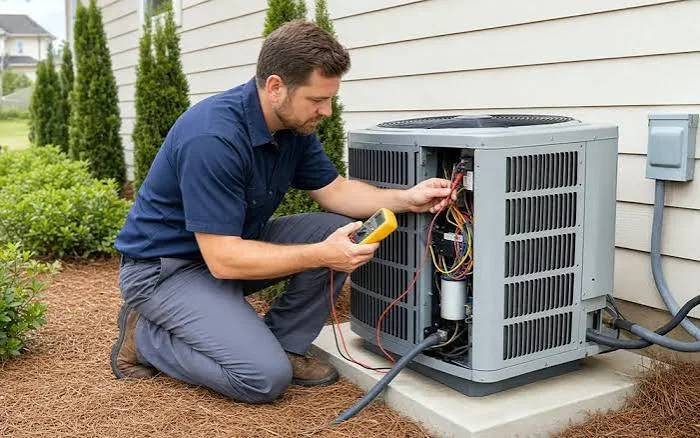HVAC technician testing electrical components in a residential air conditioning condenser