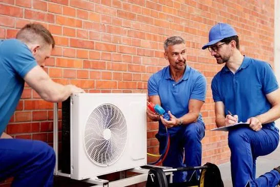 HVAC service team diagnosing an outdoor heating and cooling system
